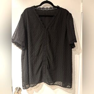 black chiffon lace dot vneck blouse | 3xl | relaxed fit | unknown brand